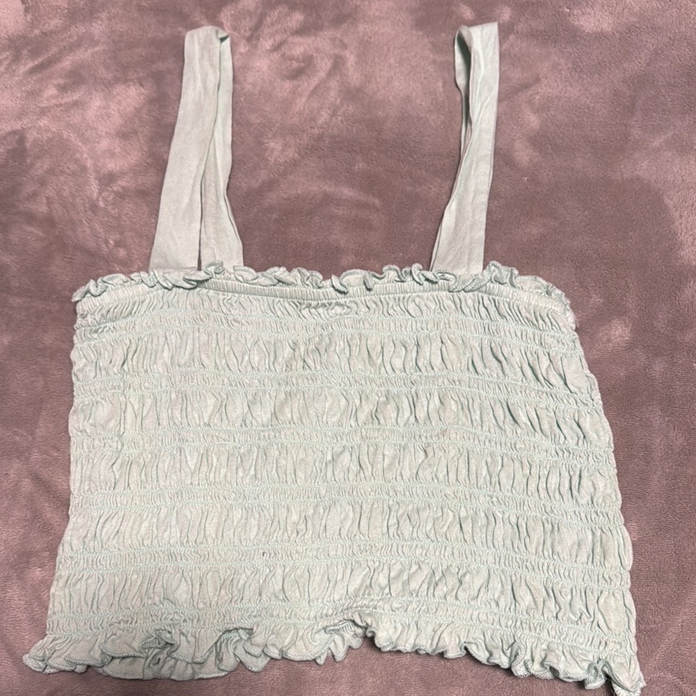 American Eagle Outfitters Cream Smocked Ruffled Tank Top